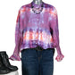 Purple pink and blue women's medium dress shirt styled with black boots, jeans, black belt and black bauble necklace
