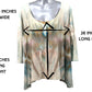 Women's Blue and earth colors gravity dyed top showing measurements of 18.5 inches wide, 17 inches long in front and 26 inches long in back