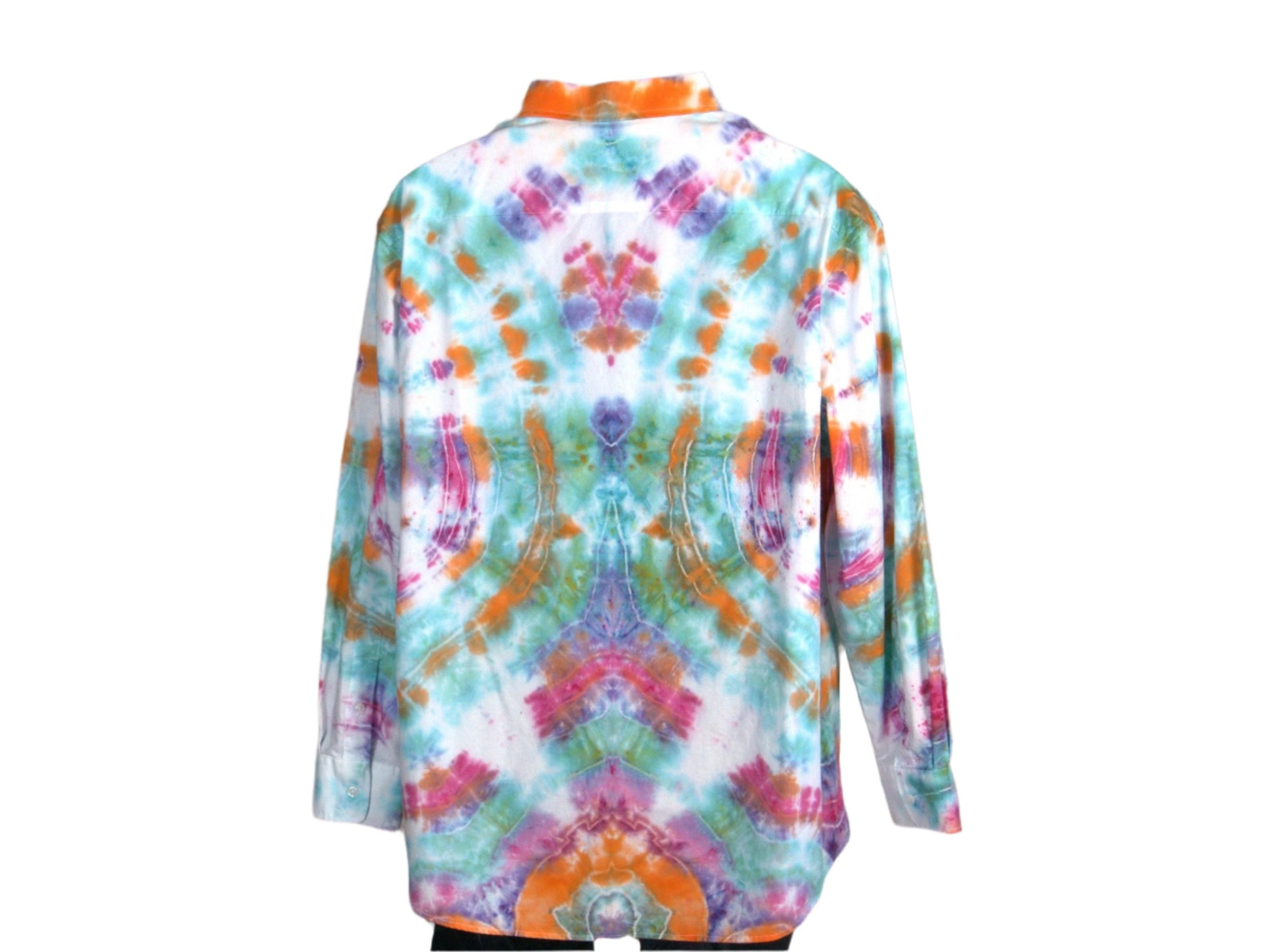 Turquoise, Purple and Orange Men's long sleeve Dress Shirt, showing back
