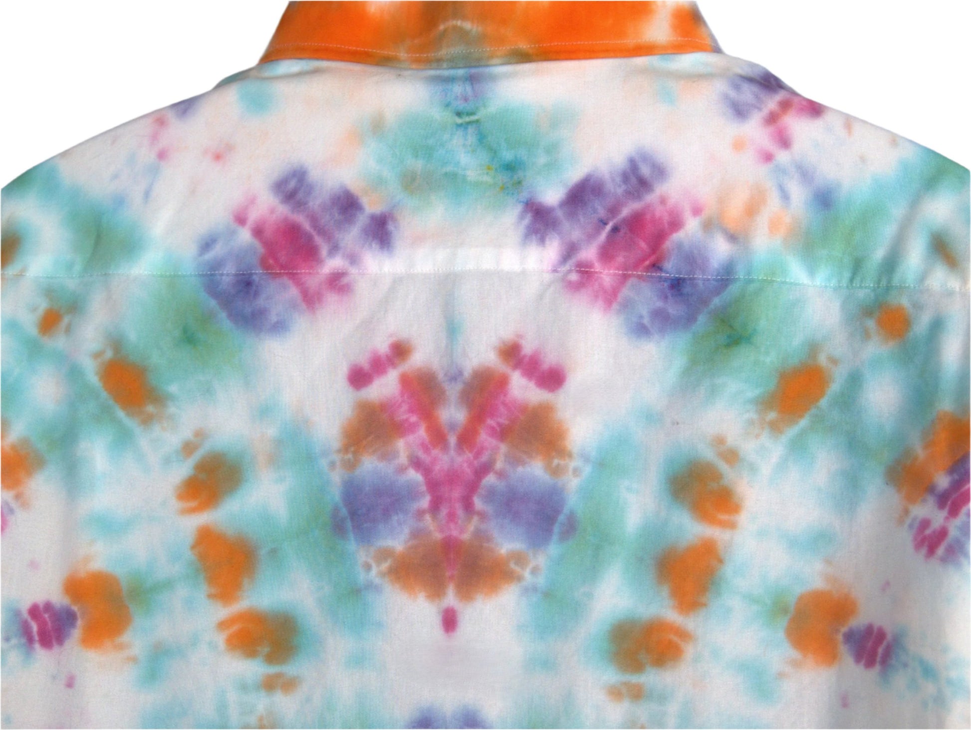 Turquoise, Purple and Orange Men's long sleeve Dress Shirt, showing back top detail