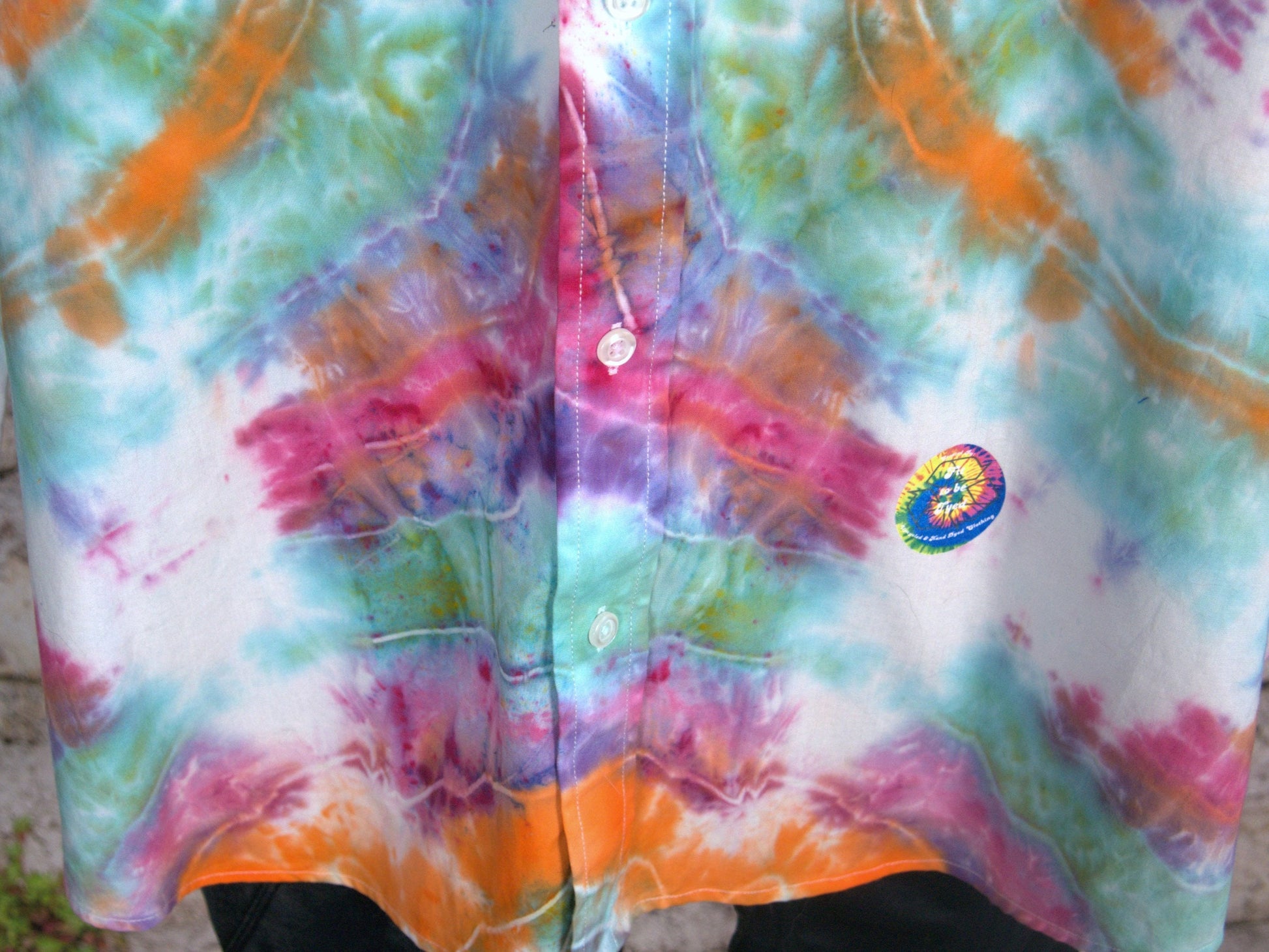 Turquoise, Purple and Orange Men's long sleeve Dress Shirt, showing bottom front detail