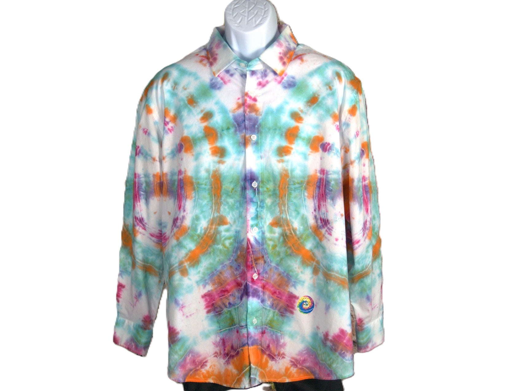 Turquoise, Purple and Orange Men's long sleeve Dress Shirt, showing front