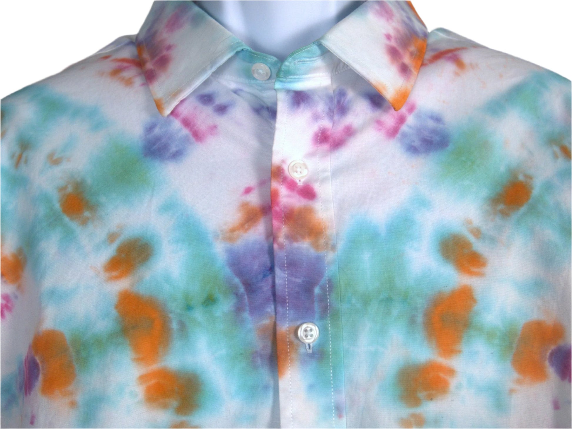 Turquoise, Purple and Orange Men's long sleeve Dress Shirt, showing top front detail
