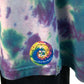 Purple and green V Neck scrunch tie dye tee in XL, gender neutral, showing label detail on lower front left of shirt