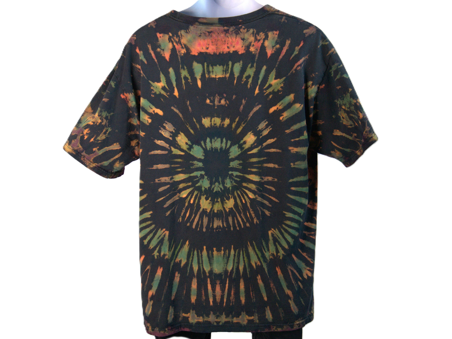 Ocular Reverse Tie Dye T Shirt using a Spiral Design in Green, Orange and Black, in size Large, showing back of shirt