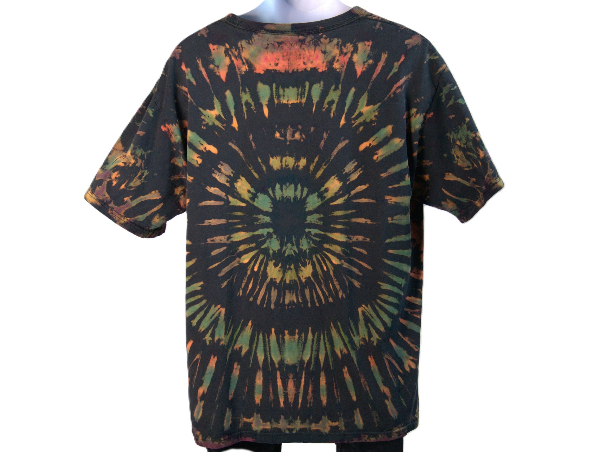 Ocular Reverse Tie Dye T Shirt using a Spiral Design in Green, Orange and Black, in size Large, showing back of shirt