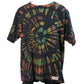 Ocular Reverse Tie Dye T Shirt using a Spiral Design in Green, Orange and Black, in size Large, showing front of shirt