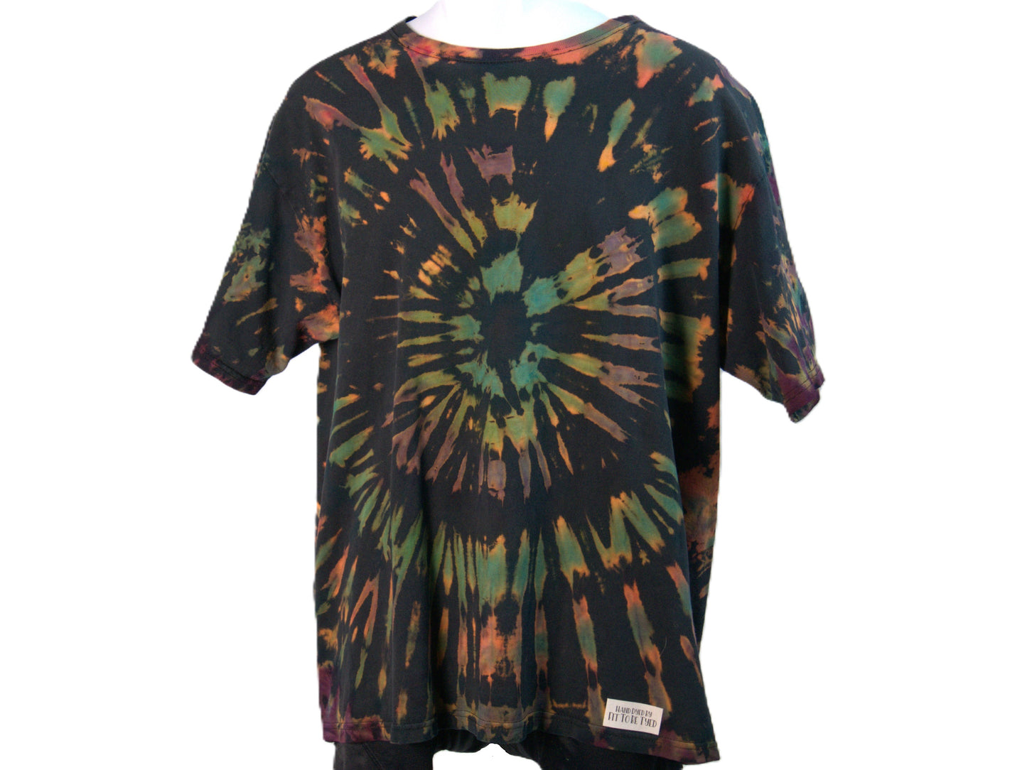 Ocular Reverse Tie Dye T Shirt using a Spiral Design in Green, Orange and Black, in size Large, showing front of shirt