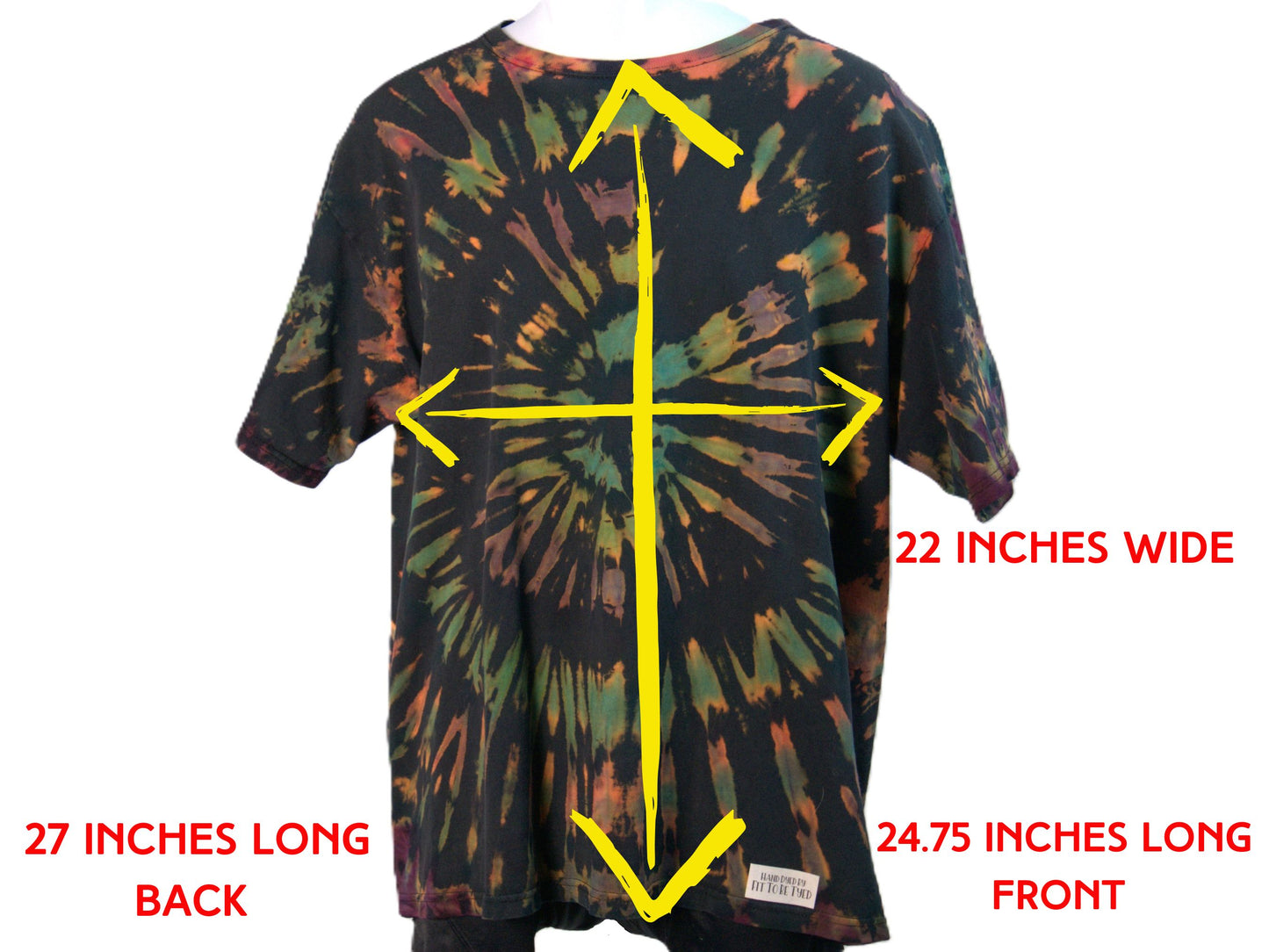 Ocular Reverse Tie Dye T Shirt using a Spiral Design in Green, Orange and Black, in size Large, showing measurements: 22 inches armpit to armpit, 24.75 inches from front collar to hem and 27 inches from back collar to hem