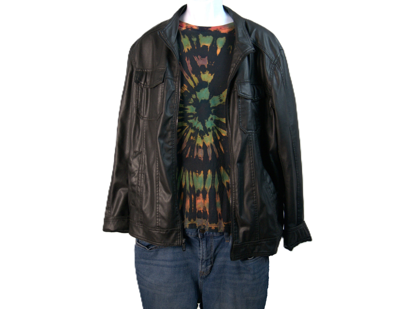 Ocular Reverse Tie Dye T Shirt using a Spiral Design in Green, Orange and Black, in size Large, styled with a short leather jacket and jeans