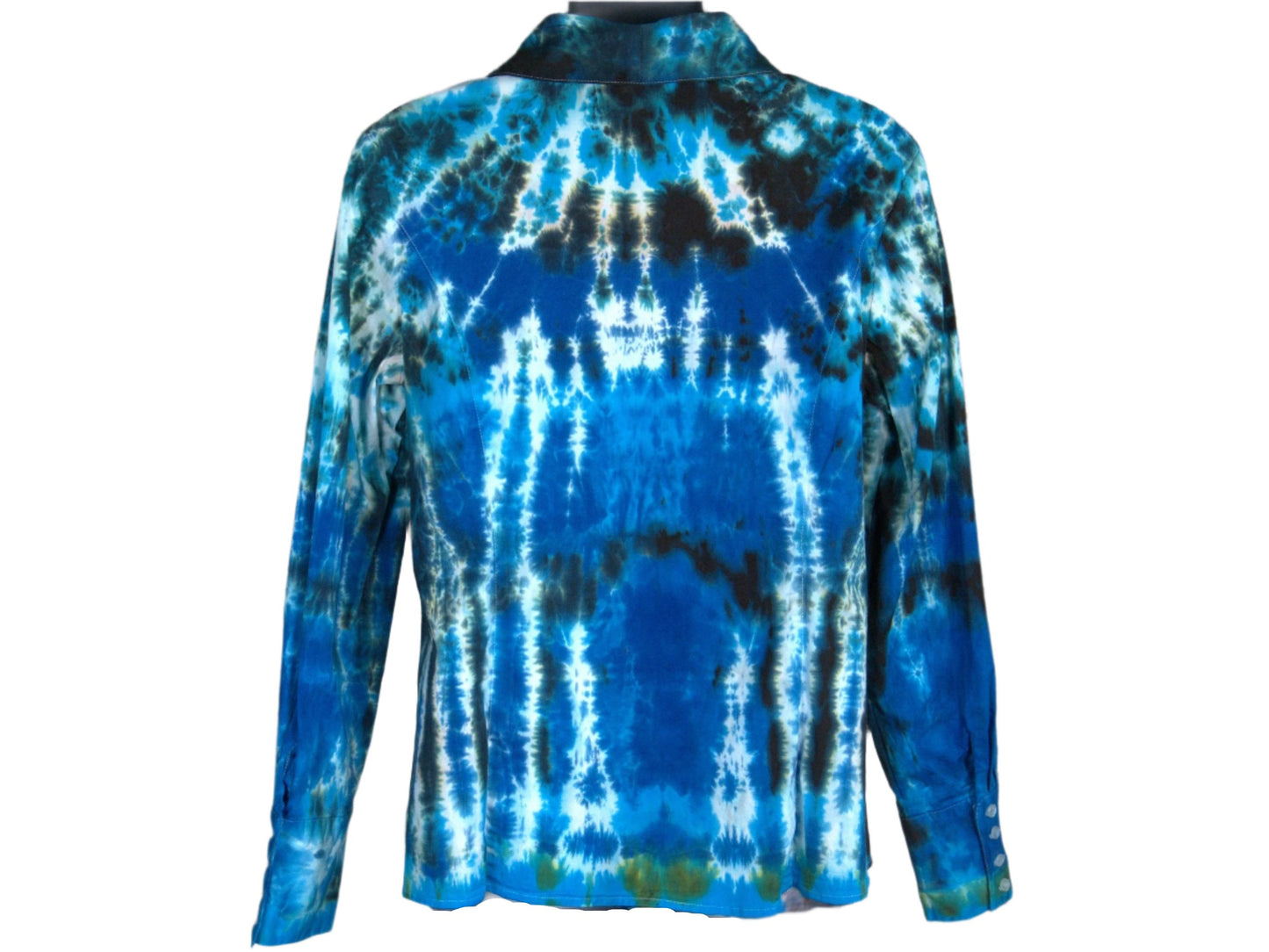 Hand-Dyed Tie Dye Shirt, Blue Turquoise Black, Fitted Women's Button Down Medium, Upcycled Cotton Spandex Blend showing back