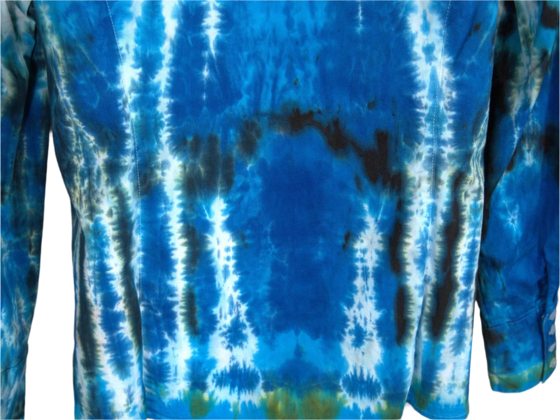 Hand-Dyed Tie Dye Shirt, Blue Turquoise Black, Fitted Women's Button Down Medium, Upcycled Cotton Spandex Blend showing back bottom detail