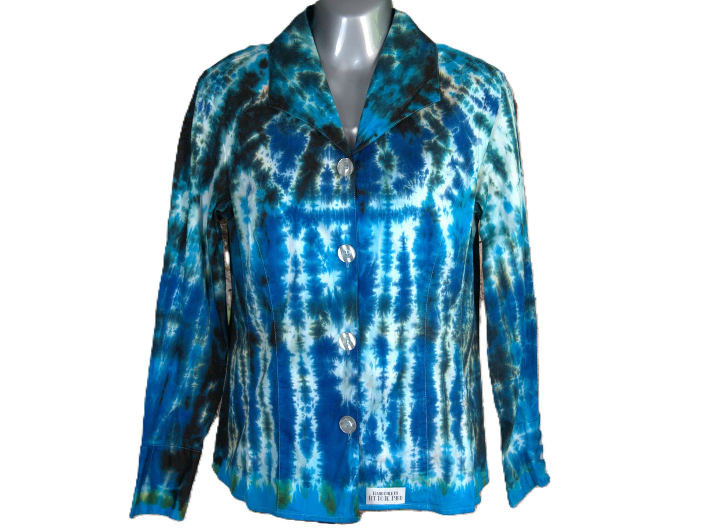 Hand-Dyed Tie Dye Shirt, Blue Turquoise Black, Fitted Women's Button Down Medium, Upcycled Cotton Spandex Blend, showing front of shirt.