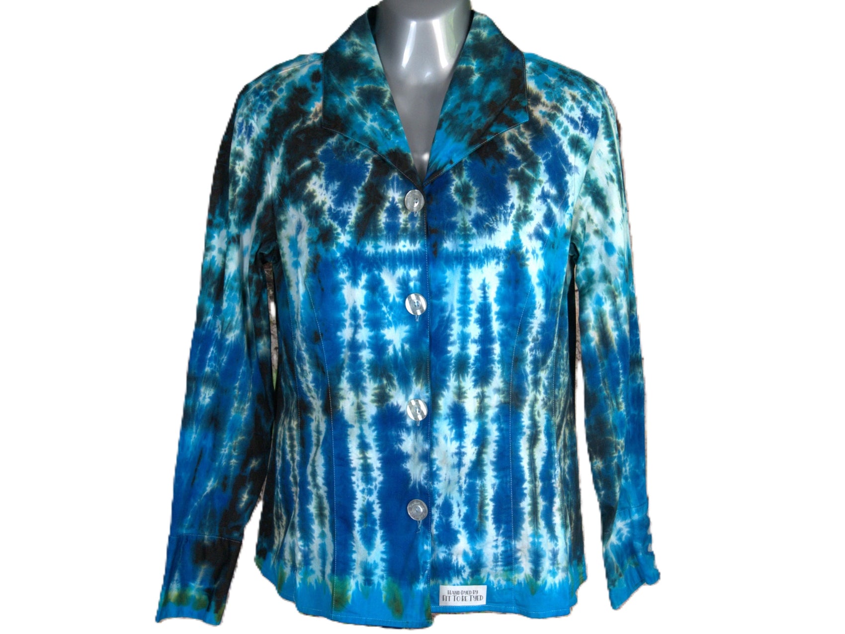 Hand-Dyed Tie Dye Shirt, Blue Turquoise Black, Fitted Women's Button Down Medium, Upcycled Cotton Spandex Blend, showing front of shirt.