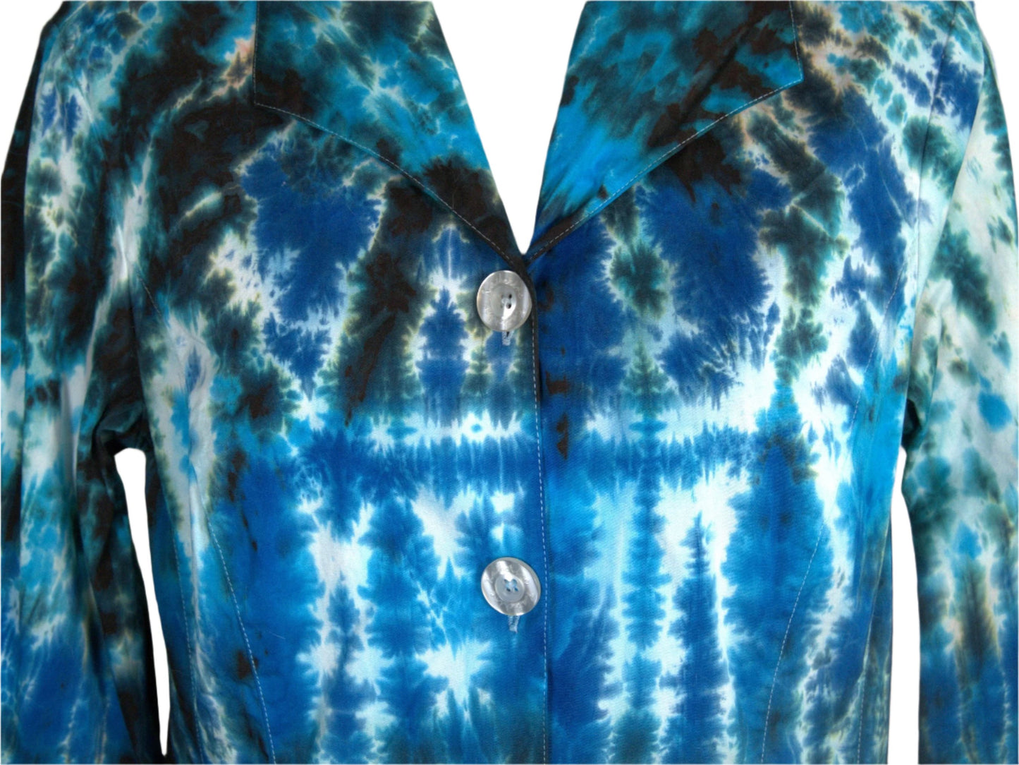 Hand-Dyed Tie Dye Shirt, Blue Turquoise Black, Fitted Women's Button Down Medium, Upcycled Cotton Spandex Blend showing front top detail
