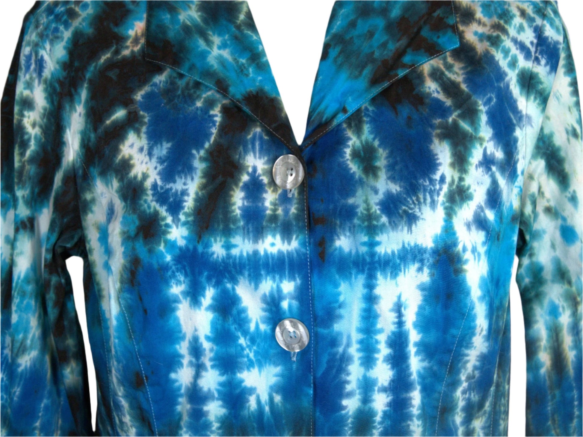 Hand-Dyed Tie Dye Shirt, Blue Turquoise Black, Fitted Women's Button Down Medium, Upcycled Cotton Spandex Blend showing front top detail