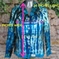 Hand-Dyed Tie Dye Shirt, Blue Turquoise Black, Fitted Women's Button Down Medium, Upcycled Cotton Spandex Blend showing the shirt measures 19.25 inches wide and 26 inches long