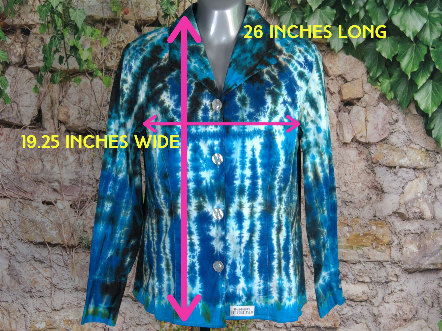 Hand-Dyed Tie Dye Shirt, Blue Turquoise Black, Fitted Women's Button Down Medium, Upcycled Cotton Spandex Blend showing the shirt measures 19.25 inches wide and 26 inches long