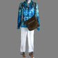 Hand-Dyed Tie Dye Shirt, Blue Turquoise Black, Fitted Women's Button Down Medium, Upcycled Cotton Spandex Blend styled with a brown purse, silver necklace, white capris and white & brown sandals