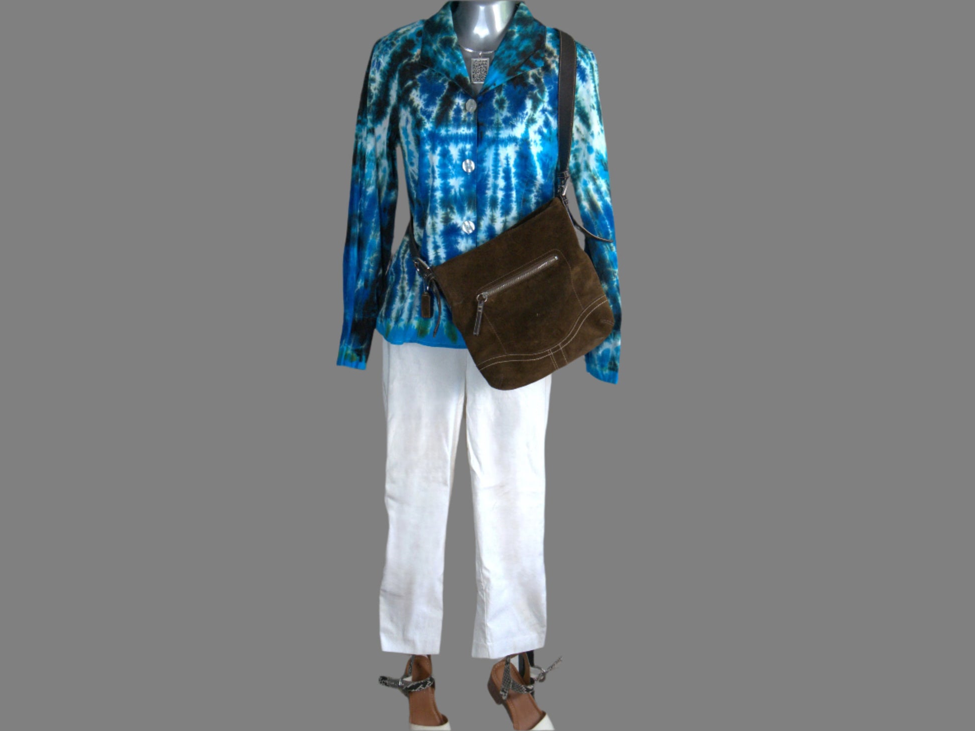 Hand-Dyed Tie Dye Shirt, Blue Turquoise Black, Fitted Women's Button Down Medium, Upcycled Cotton Spandex Blend styled with a brown purse, silver necklace, white capris and white & brown sandals
