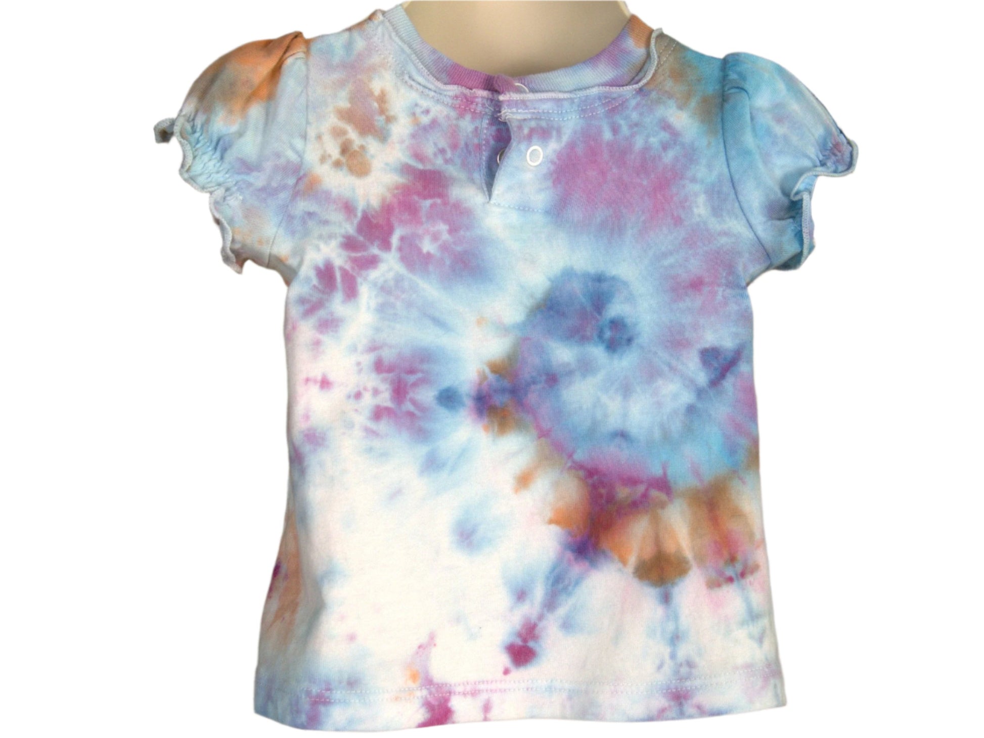 Blue, Purple, Orange Tie Dye 3 month infant tee with bee and flower embossed, showing back