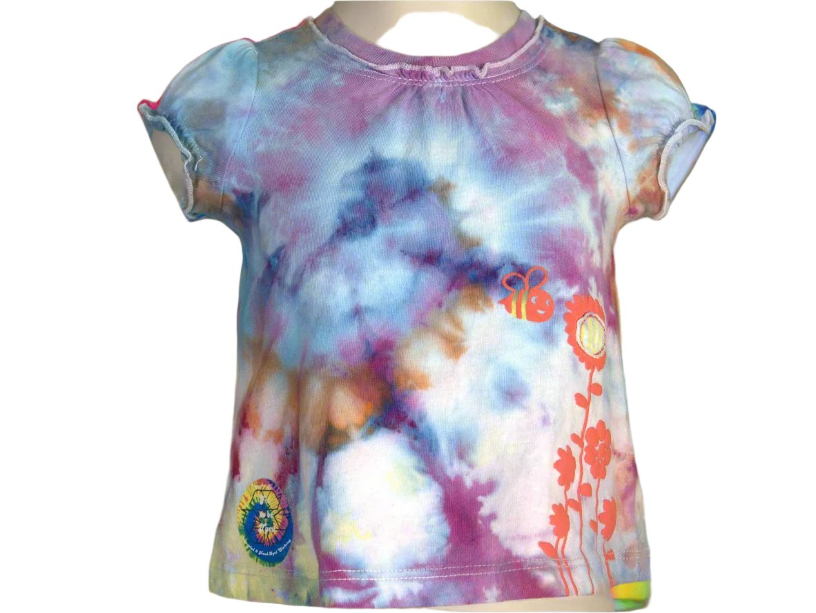 Blue, Purple, Orange Tie Dye 3 month infant tee with bee and flower embossed, showing front of shirt