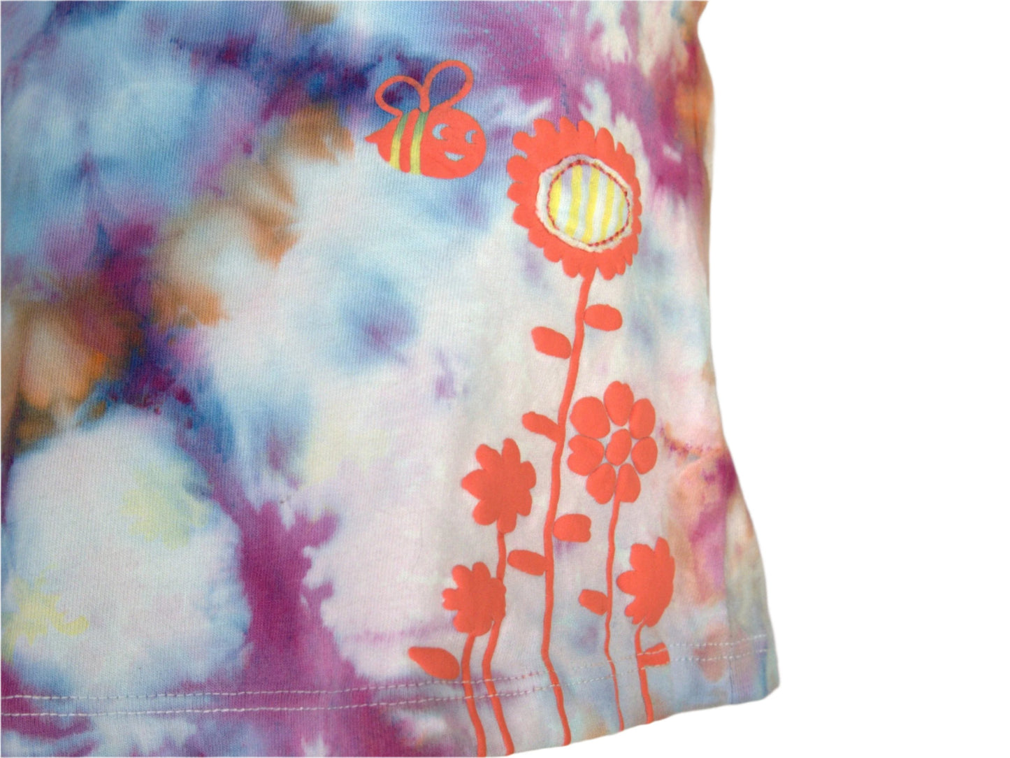 Blue, Purple, Orange Tie Dye 3 month infant tee with bee and flower embossed, showing orange bee and flower embossed detail