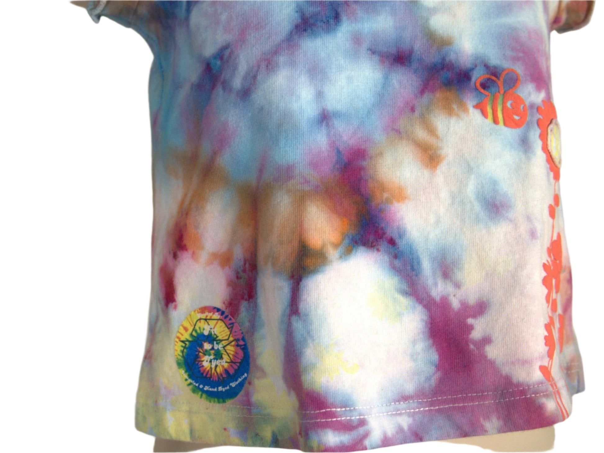 Blue, Purple, Orange Tie Dye 3 month infant tee with bee and flower embossed, showing lower front detail including Fit To Be Tyed Label