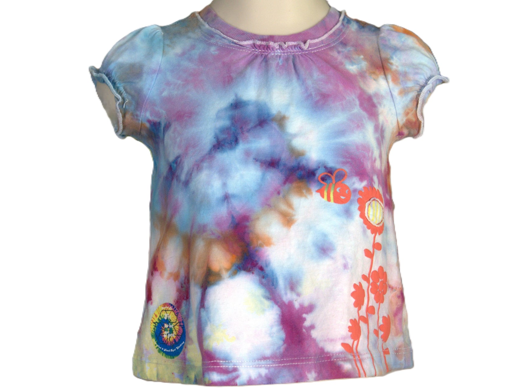 Blue, Purple, Orange Tie Dye 3 month infant tee with bee and flower embossed, showing front of shirt