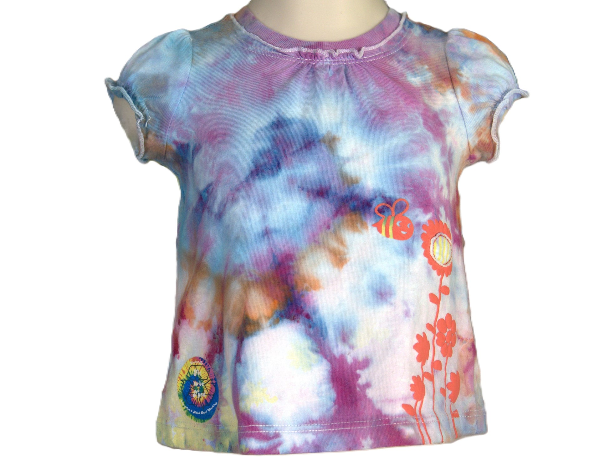 Blue, Purple, Orange Tie Dye 3 month infant tee with bee and flower embossed, showing front of shirt