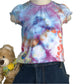 Blue, Purple, Orange Tie Dye 3 month infant tee with bee and flower embossed, styled with a jean skirt and teddy bear
