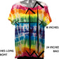 Women's XL Rainbow Embroidered Tee in an Accordion Fan Fold Style, showing measurements: 18 inches armpit to armpit, 21 inches long front collar to hem and 24 inches long back collar to hem