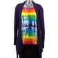 Women's XL Rainbow Embroidered Tee in an Accordion Fan Fold Style, styled with a purple cardigan, black skirt and purple dragonfly necklace