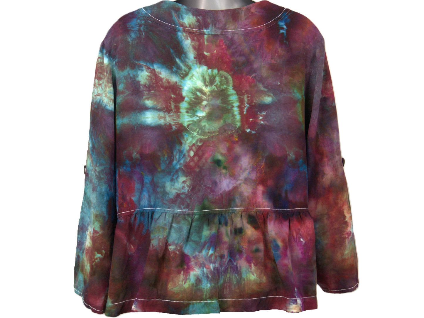 Tie dye blouse size large back view long sleeves psychedelic purple green blue colors