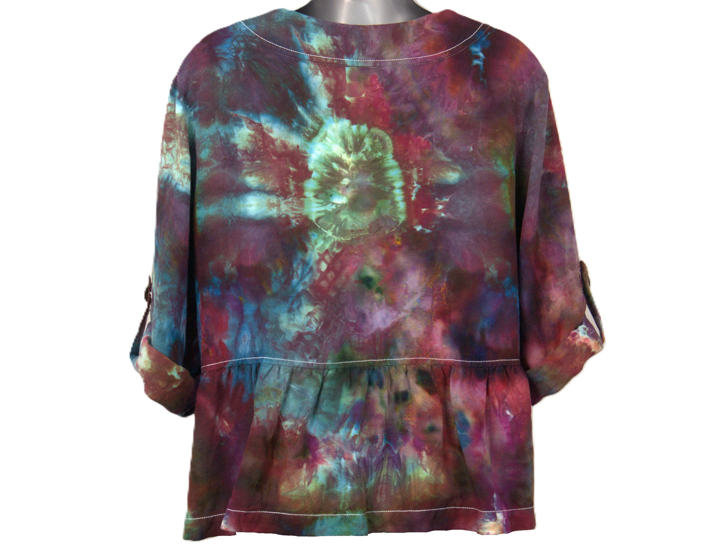 Back view large tie dye button down blouse purple teal hand dyed sustainable fashion