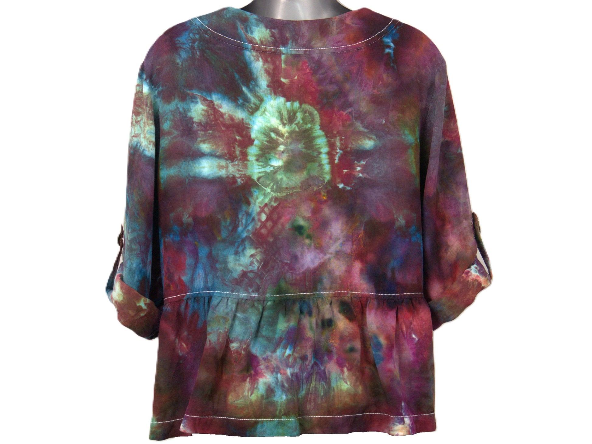 Back view large tie dye button down blouse purple teal hand dyed sustainable fashion