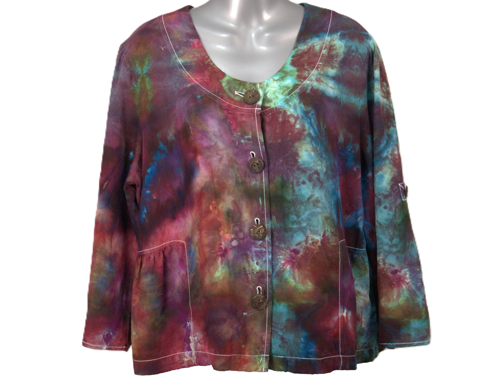 Hand dyed tie dye blouse large long sleeve button front sustainable hippie fashion