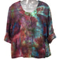 Front view upcycled tie dye button down blouse large scoop neck purple teal hand dyed