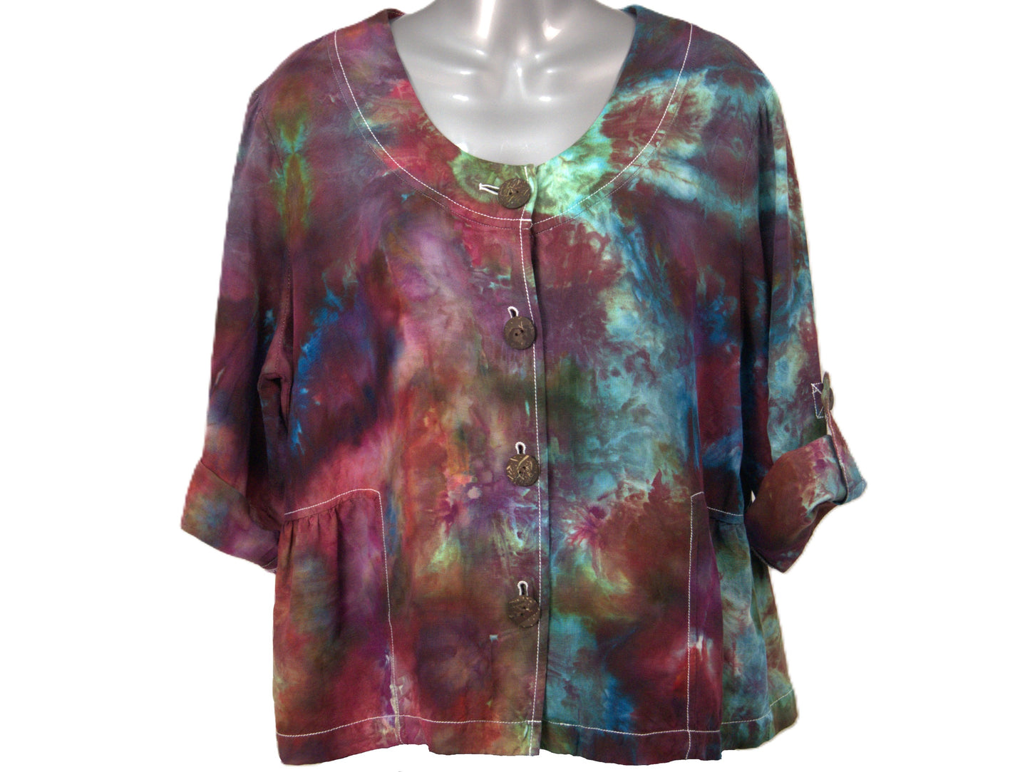 Front view upcycled tie dye button down blouse large scoop neck purple teal hand dyed