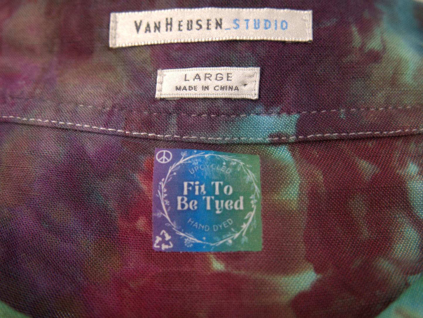 VanHeusen Studio large label with Fit To Be Tyed upcycled hand dyed logo