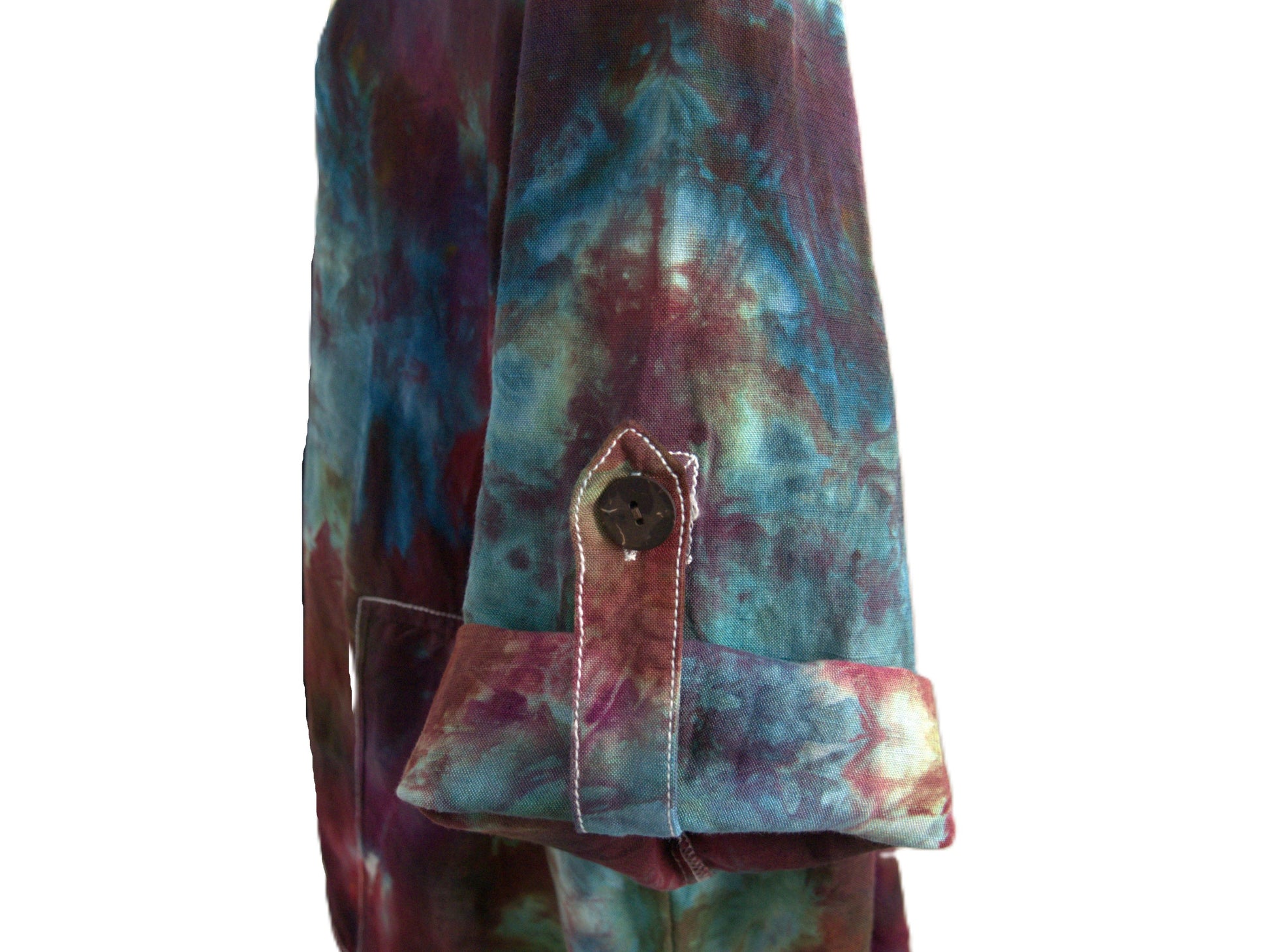Tie dye blouse left sleeve cuff detail with button tab purple blue green hand dyed pattern