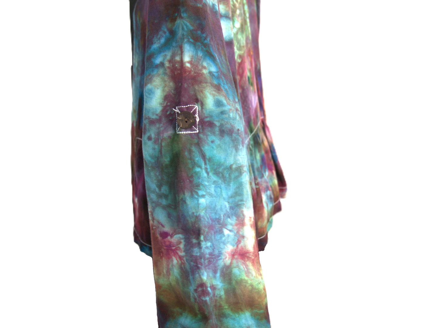 Side view left sleeve tie dye blouse large showing length drape hand dyed sustainable clothing