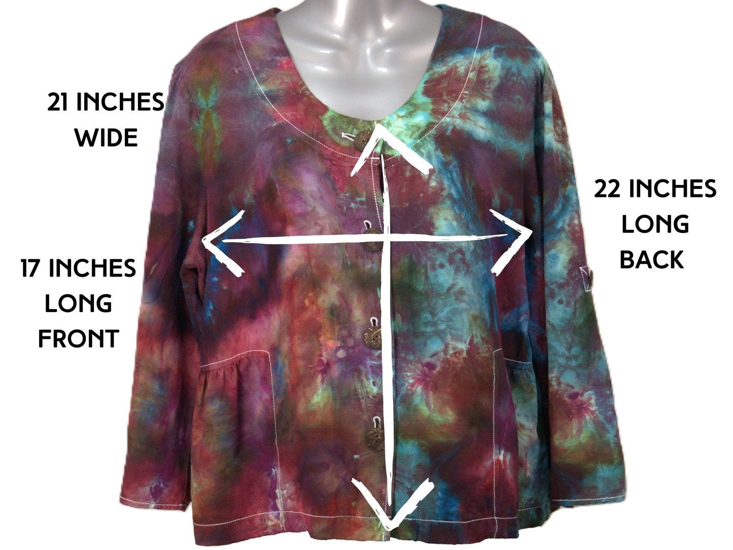 Size large tie dye blouse measurements 21 inches wide 22 inches long hand dyed
