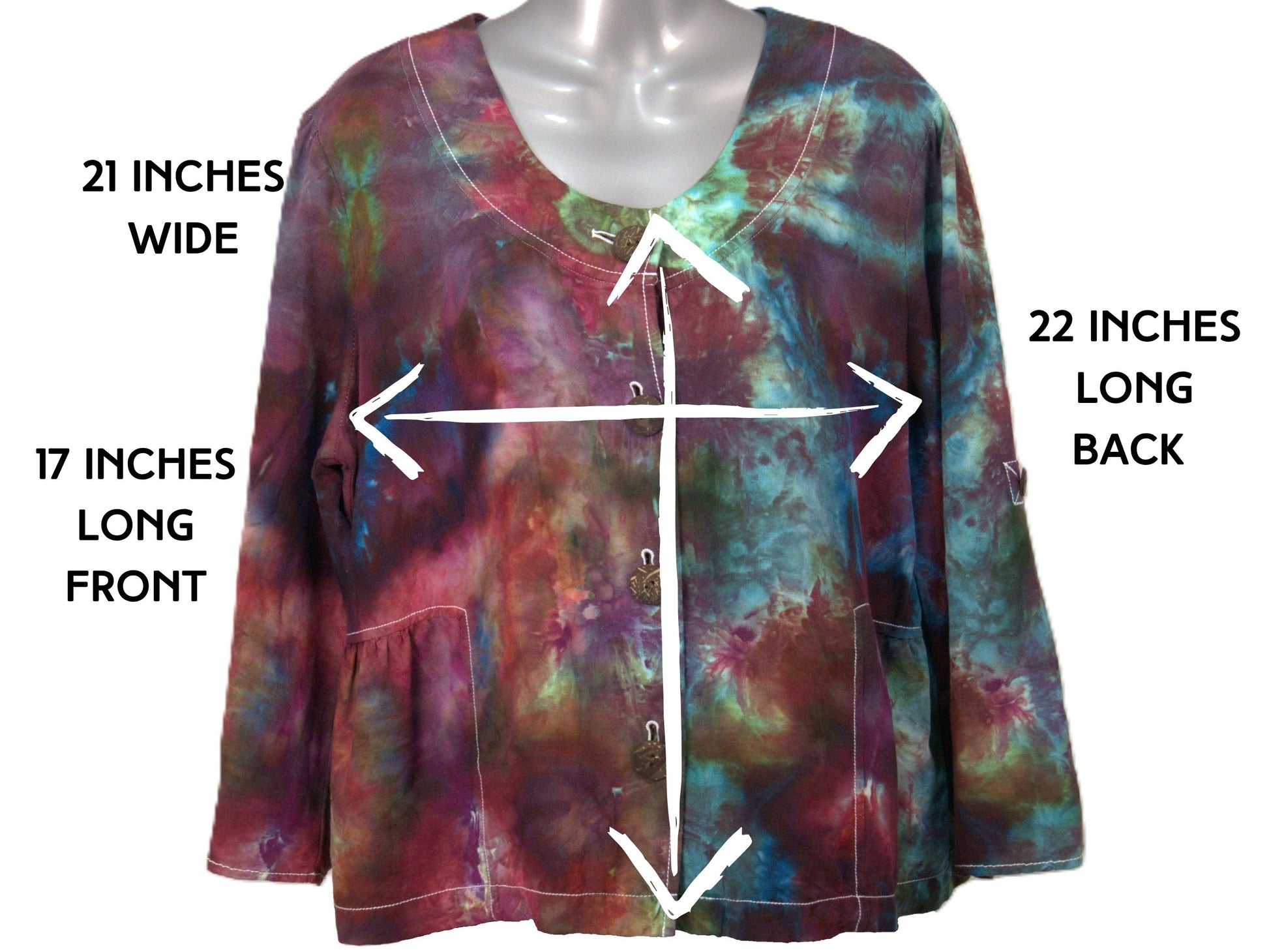 Size large tie dye blouse measurements 21 inches wide 22 inches long hand dyed
