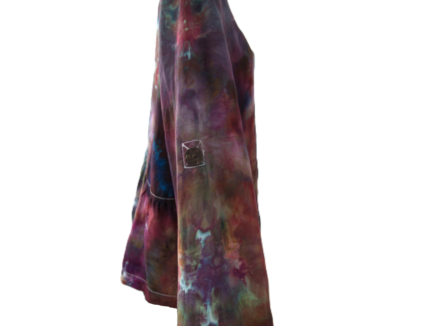 Long right sleeve cuff detail tie dye blouse purple blue green hand dyed sustainable fashion