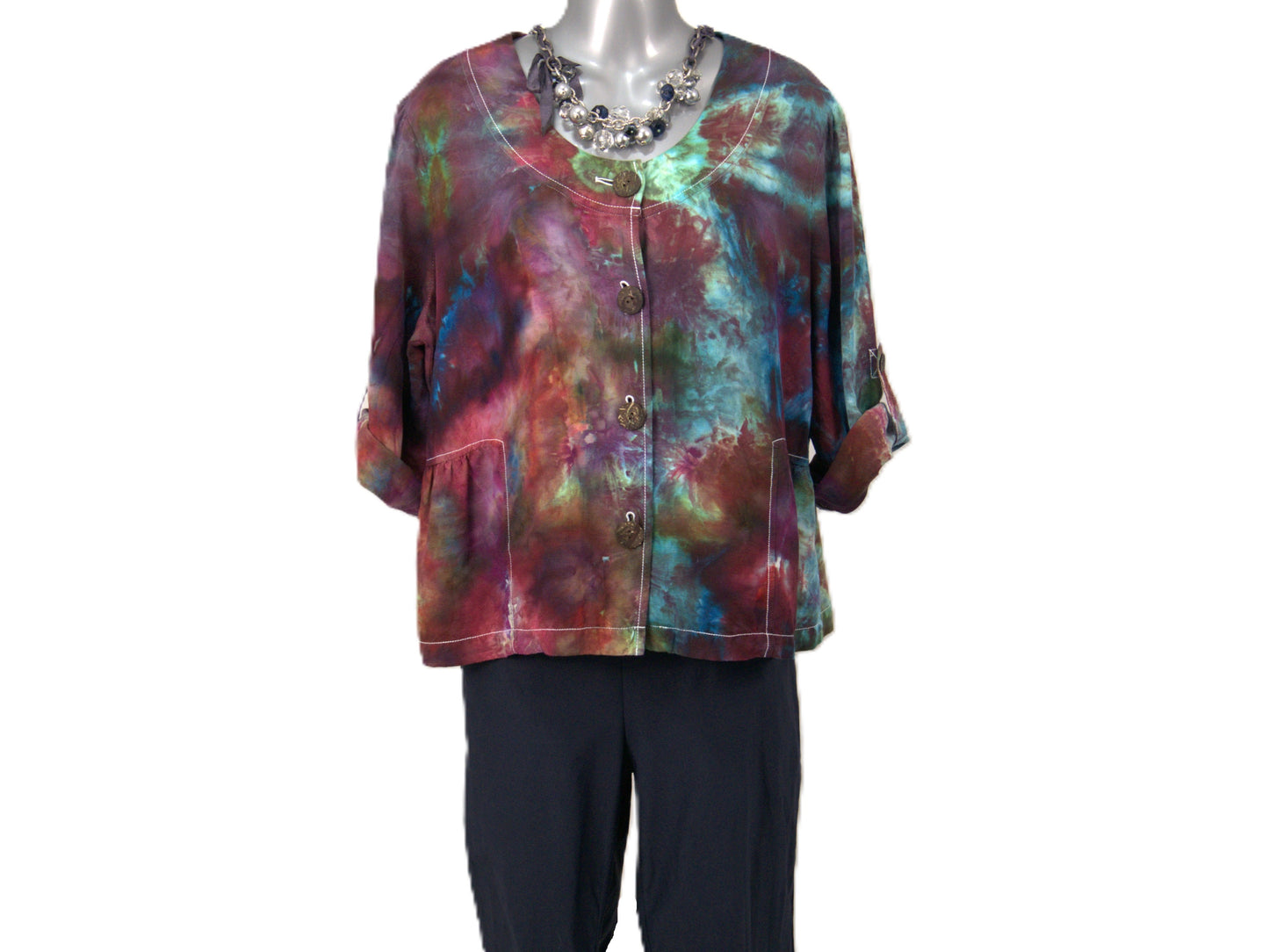 Styled tie dye blouse large with statement necklace purple teal hand dyed boho fashion