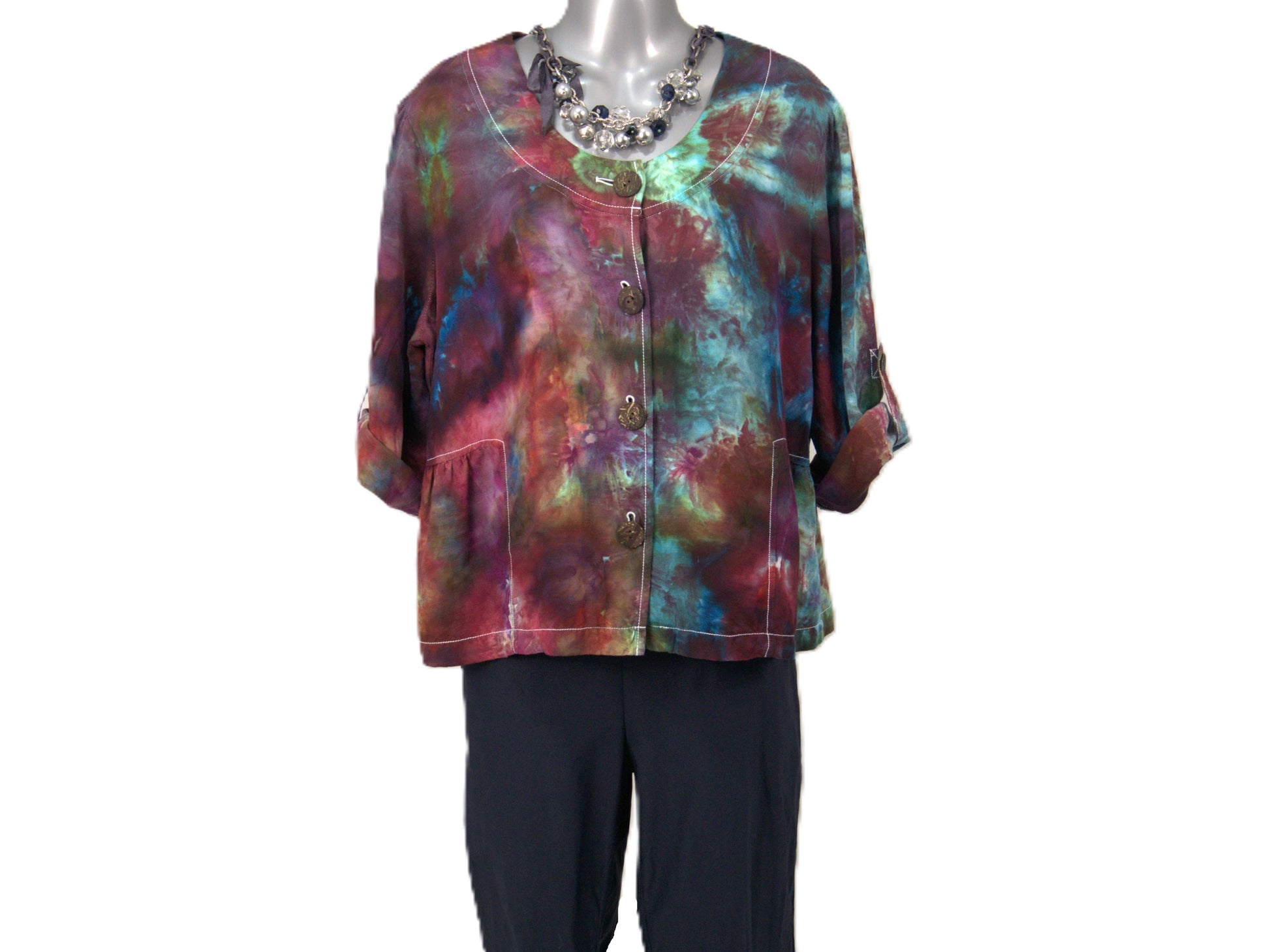Styled tie dye blouse large with statement necklace purple teal hand dyed boho fashion