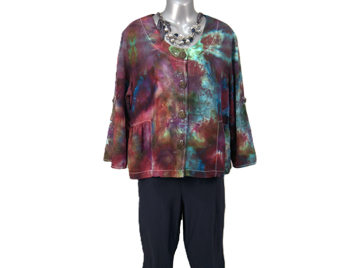 Hand dyed tie dye button down blouse styled boho hippie fashion sustainable clothing