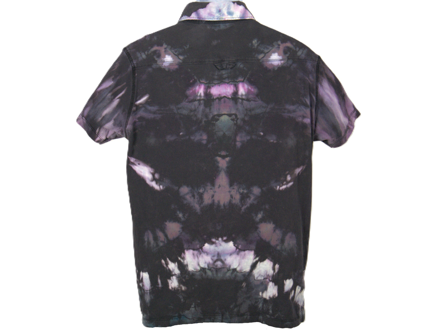 Back view reverse tie dye polo shirt large mens black purple hand dyed sustainable