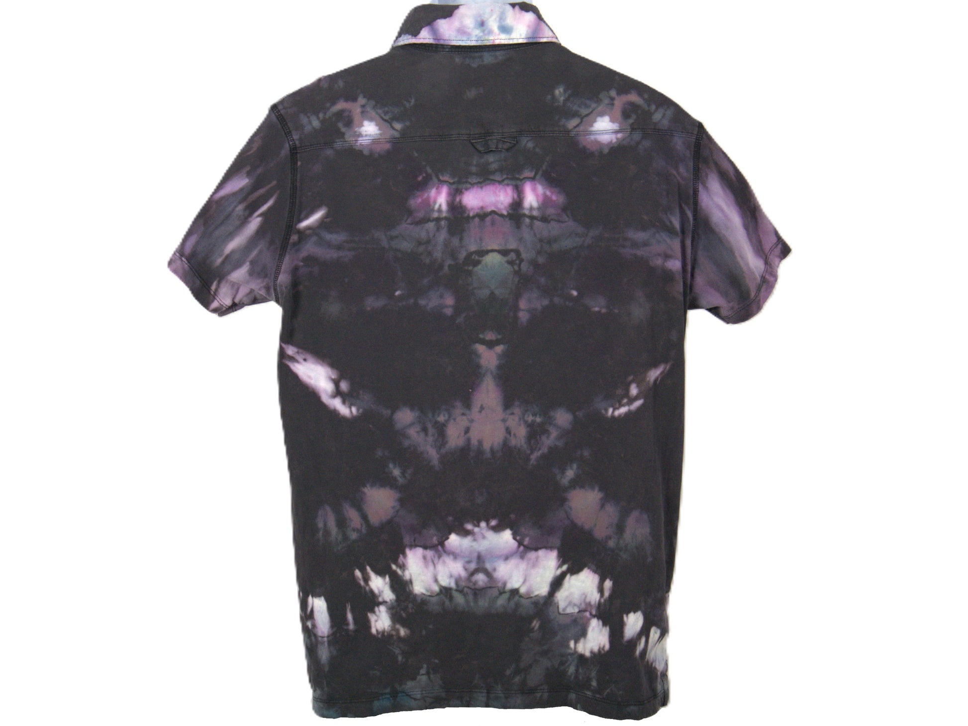 Back view reverse tie dye polo shirt large mens black purple hand dyed sustainable